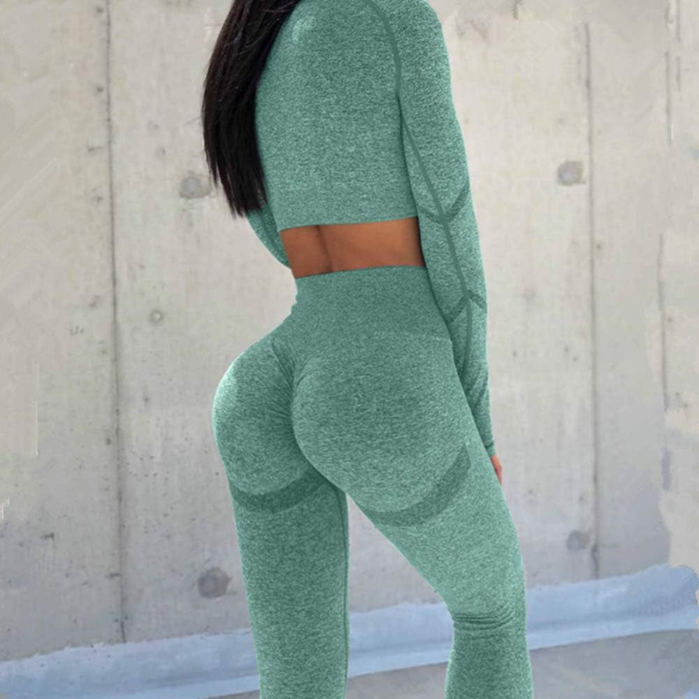 Women’s 2-Piece Workout Set – Butt-Lifting Leggings & Long-Sleeve Crop Top with Tummy Control