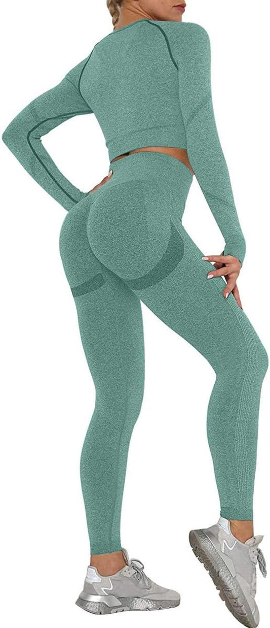 Women’s 2-Piece Workout Set – Butt-Lifting Leggings & Long-Sleeve Crop Top with Tummy Control