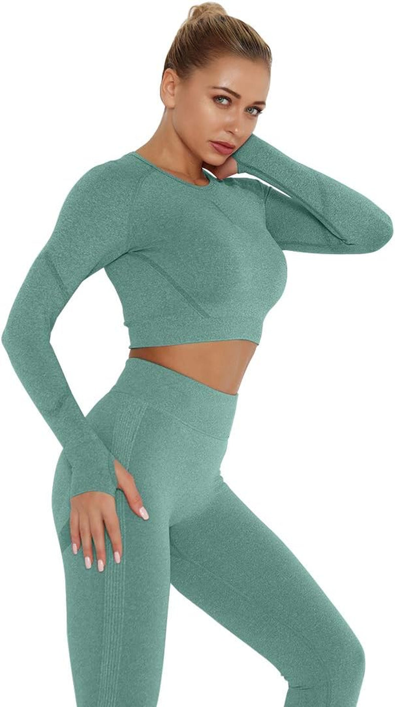 Women’s 2-Piece Workout Set – Butt-Lifting Leggings & Long-Sleeve Crop Top with Tummy Control