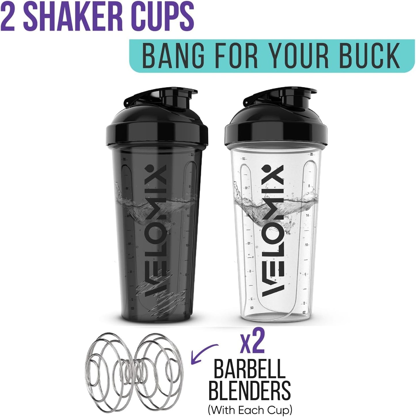 2-Pack Protein Shaker Bottles – 28oz Leak-Proof Shakers with Wire Whisk for Protein Shakes (Black/Transparent)