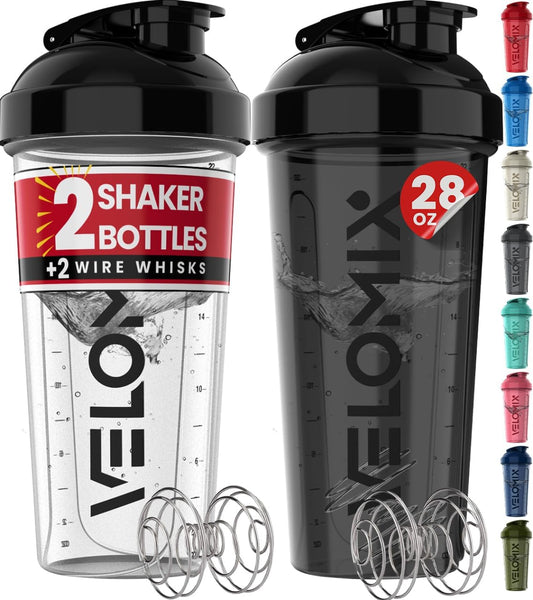 2-Pack Protein Shaker Bottles – 28oz Leak-Proof Shakers with Wire Whisk for Protein Shakes (Black/Transparent)