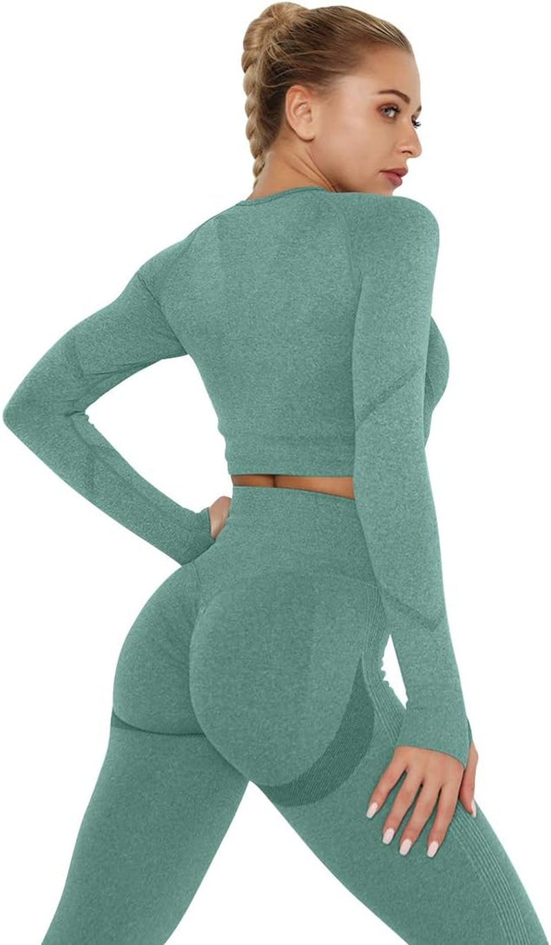 Women’s 2-Piece Workout Set – Butt-Lifting Leggings & Long-Sleeve Crop Top with Tummy Control