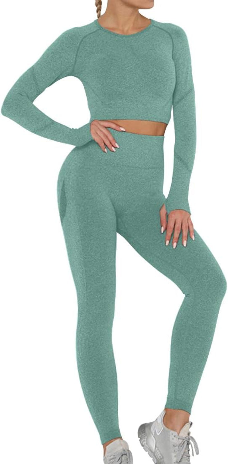 Women’s 2-Piece Workout Set – Butt-Lifting Leggings & Long-Sleeve Crop Top with Tummy Control